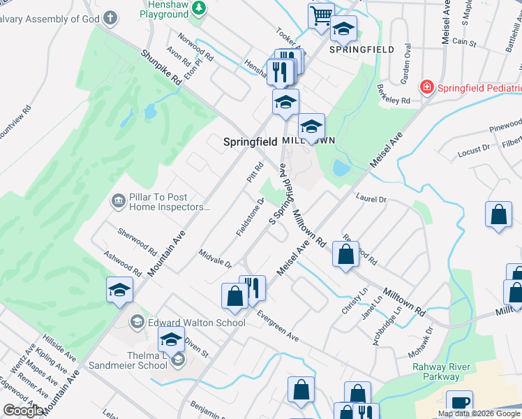 map of restaurants, bars, coffee shops, grocery stores, and more near 27 Fieldstone Drive in Springfield