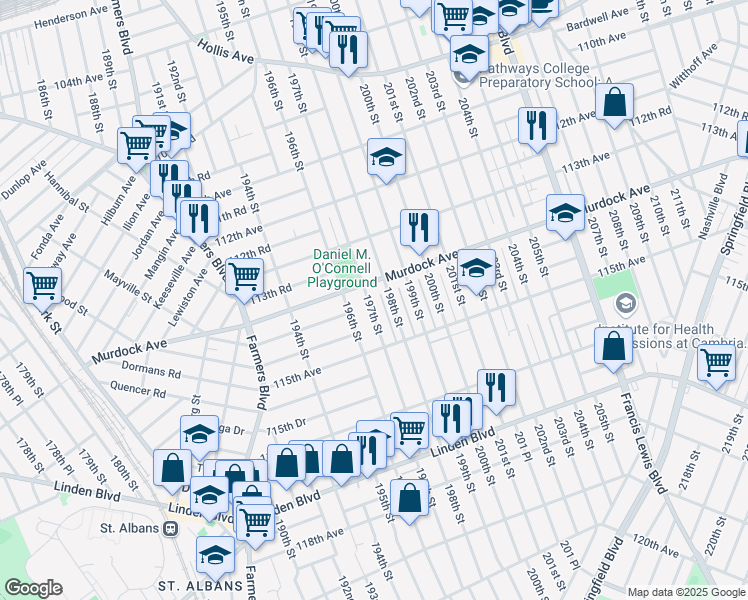 map of restaurants, bars, coffee shops, grocery stores, and more near 114-23 197th Street in Queens