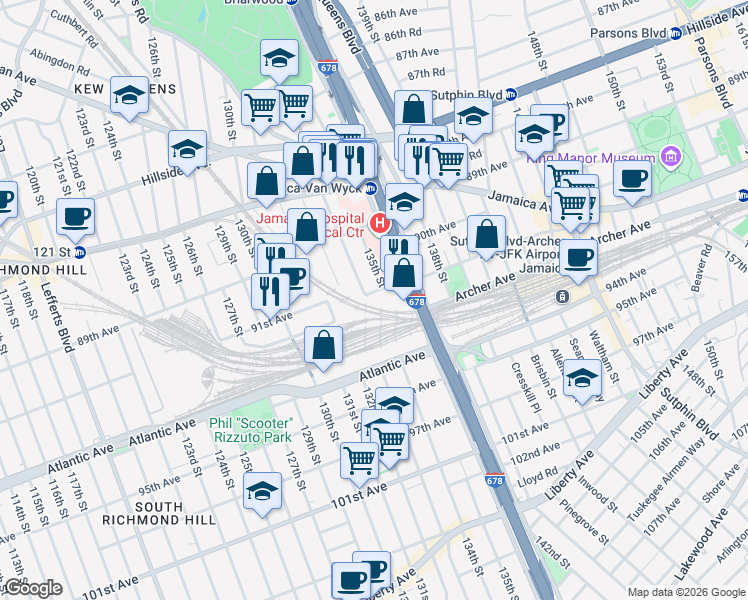 map of restaurants, bars, coffee shops, grocery stores, and more near 89-56 135th Street in Queens
