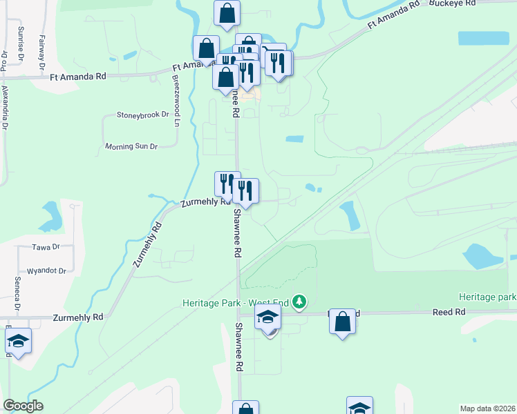 map of restaurants, bars, coffee shops, grocery stores, and more near 2793 Shawnee Road in Lima