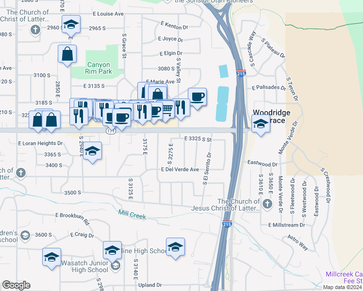map of restaurants, bars, coffee shops, grocery stores, and more near 3340 South Plaza Way in Salt Lake City