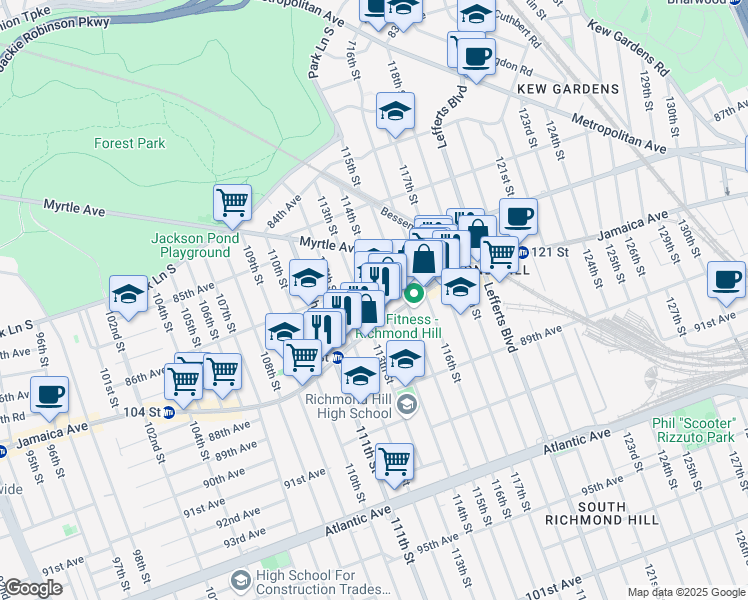 map of restaurants, bars, coffee shops, grocery stores, and more near 86-20 114th Street in Queens