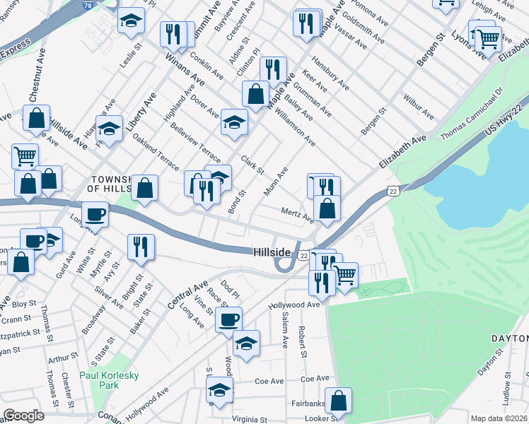 map of restaurants, bars, coffee shops, grocery stores, and more near 1440 Munn Avenue in Hillside