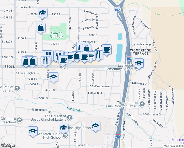 map of restaurants, bars, coffee shops, grocery stores, and more near 3340 South Santa Rosa Avenue in Millcreek