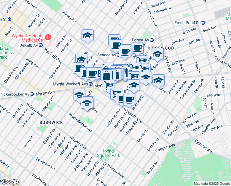 map of restaurants, bars, coffee shops, grocery stores, and more near 16-47 Putnam Avenue in Queens