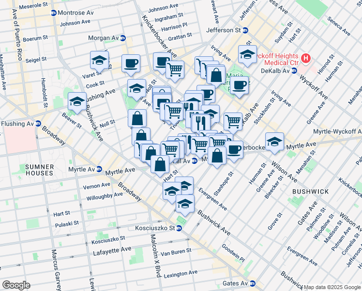 map of restaurants, bars, coffee shops, grocery stores, and more near 128 Troutman Street in Brooklyn
