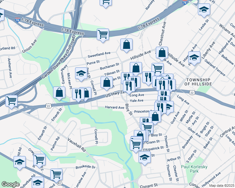 map of restaurants, bars, coffee shops, grocery stores, and more near 530 U.S. 22 in Hillside