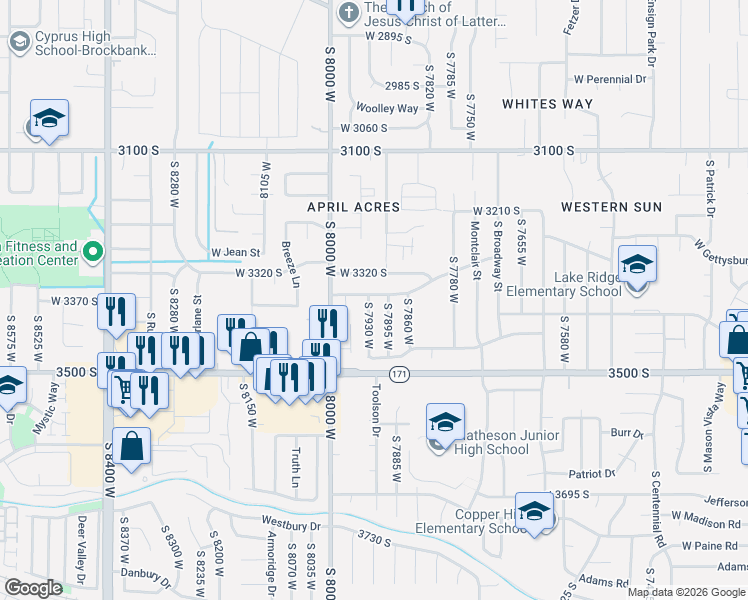 map of restaurants, bars, coffee shops, grocery stores, and more near 7899 West 3320 South in Magna