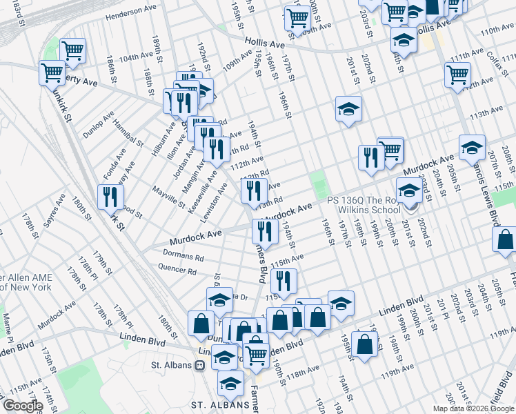 map of restaurants, bars, coffee shops, grocery stores, and more near 191-21 113th Avenue in Queens