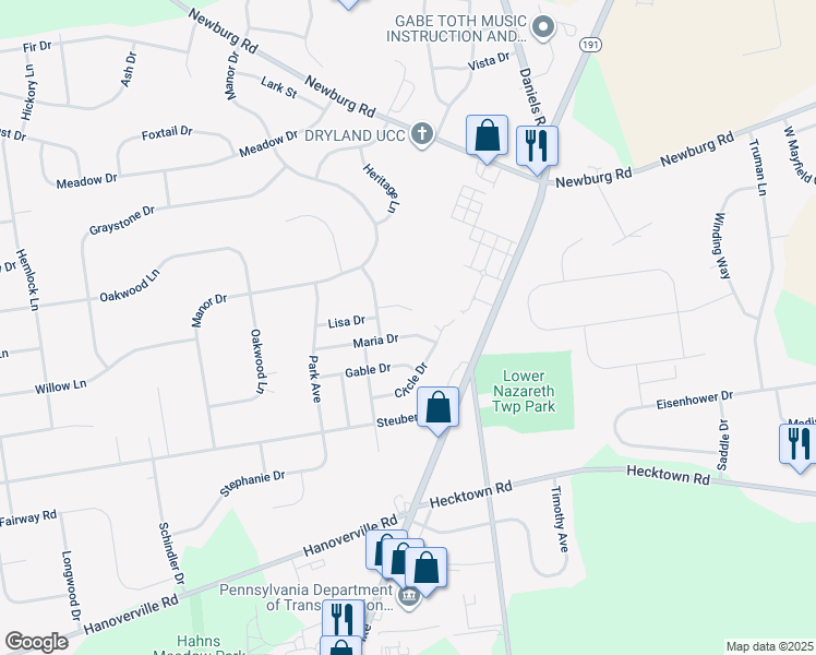 map of restaurants, bars, coffee shops, grocery stores, and more near 4428 Maria Drive in Bethlehem