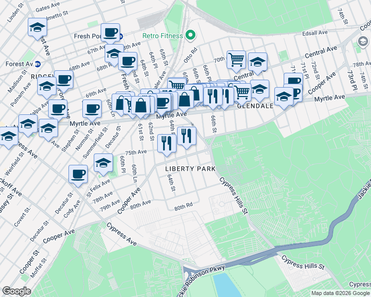 map of restaurants, bars, coffee shops, grocery stores, and more near 74-33 64th Lane in Queens