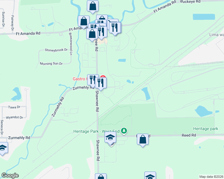 map of restaurants, bars, coffee shops, grocery stores, and more near 2793 Shawnee Road in Lima