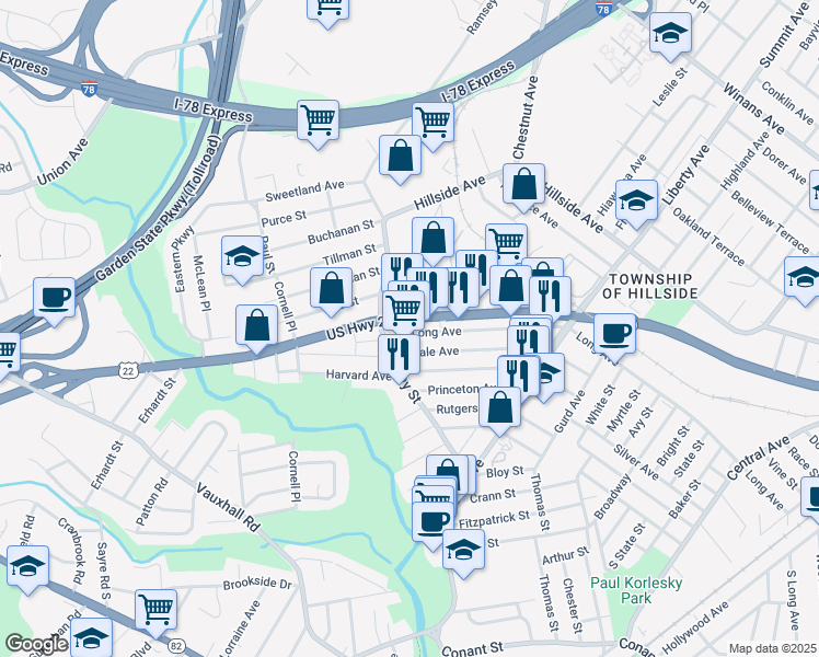 map of restaurants, bars, coffee shops, grocery stores, and more near 439 U.S. 22 in Hillside