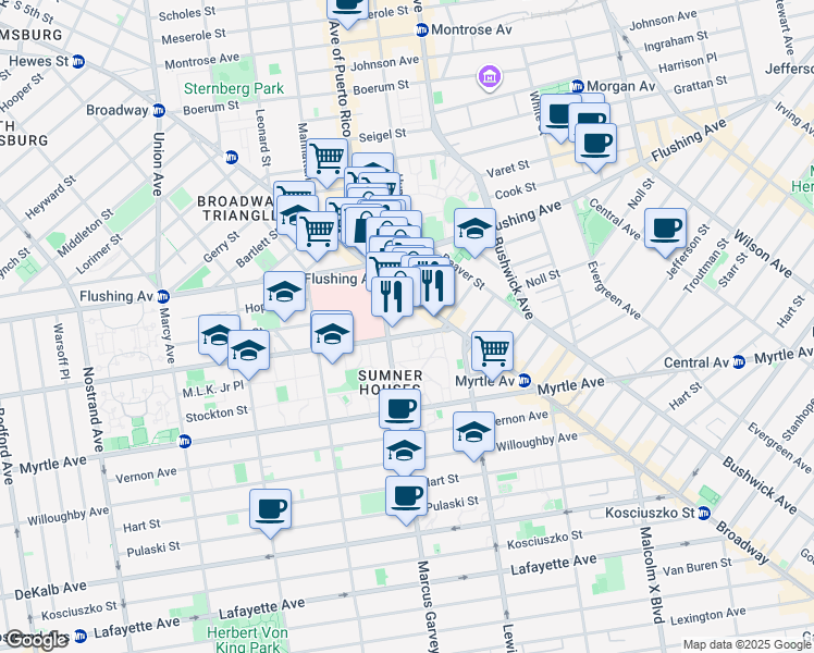 map of restaurants, bars, coffee shops, grocery stores, and more near 867 Park Avenue in Brooklyn