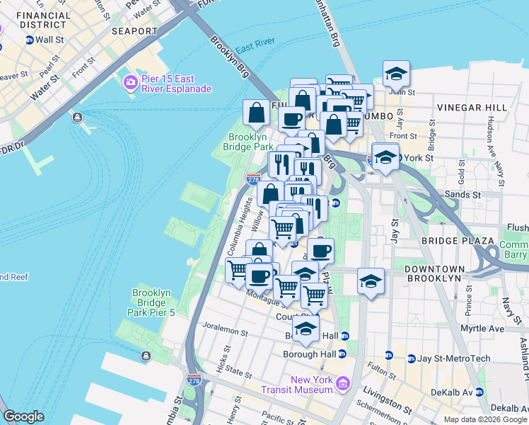 map of restaurants, bars, coffee shops, grocery stores, and more near 12 Orange Street in Brooklyn