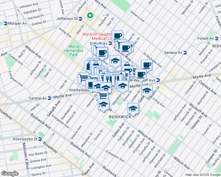 map of restaurants, bars, coffee shops, grocery stores, and more near Knickerbocker Avenue in Brooklyn