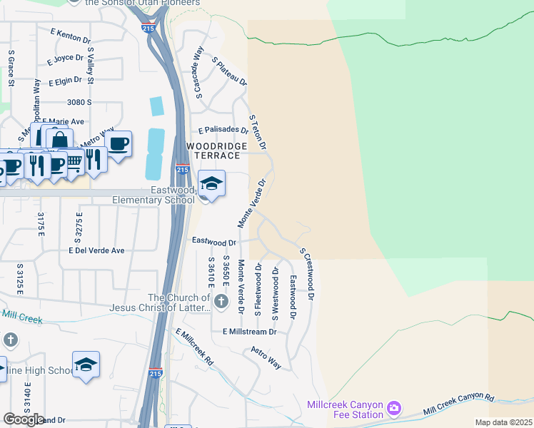 map of restaurants, bars, coffee shops, grocery stores, and more near 3345 South Crestwood Drive in Salt Lake City