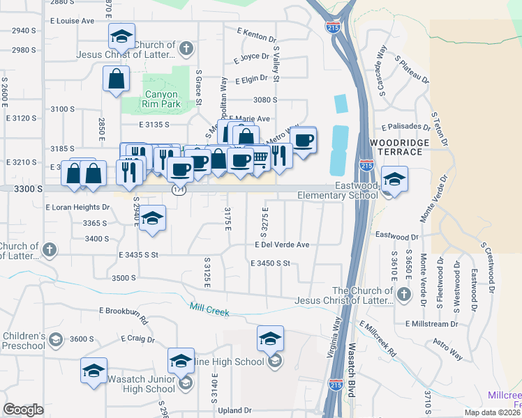 map of restaurants, bars, coffee shops, grocery stores, and more near 3340 South Santa Rosa Avenue in Millcreek