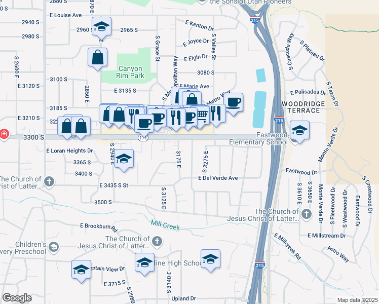 map of restaurants, bars, coffee shops, grocery stores, and more near 3314 South Terrace View Drive in Salt Lake City