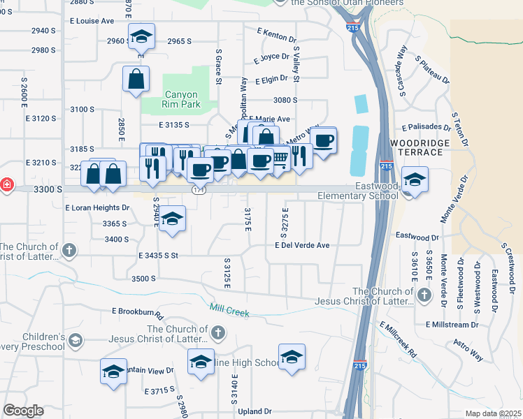 map of restaurants, bars, coffee shops, grocery stores, and more near 3314 South Terrace View Drive in Salt Lake City
