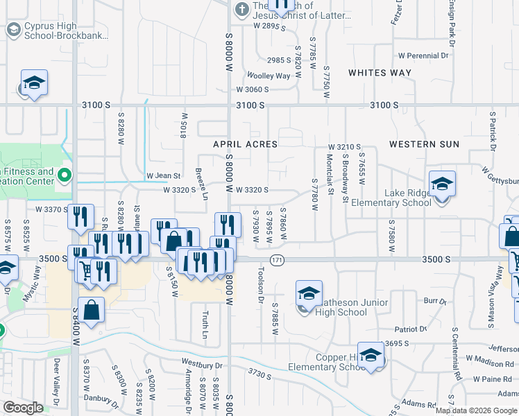 map of restaurants, bars, coffee shops, grocery stores, and more near 7899 West 3320 South in Magna