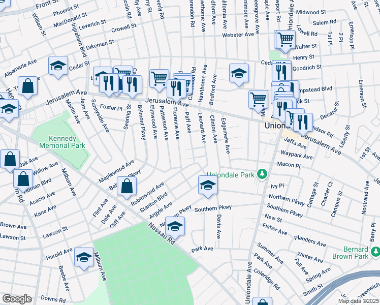 map of restaurants, bars, coffee shops, grocery stores, and more near 615 Paff Avenue in Uniondale