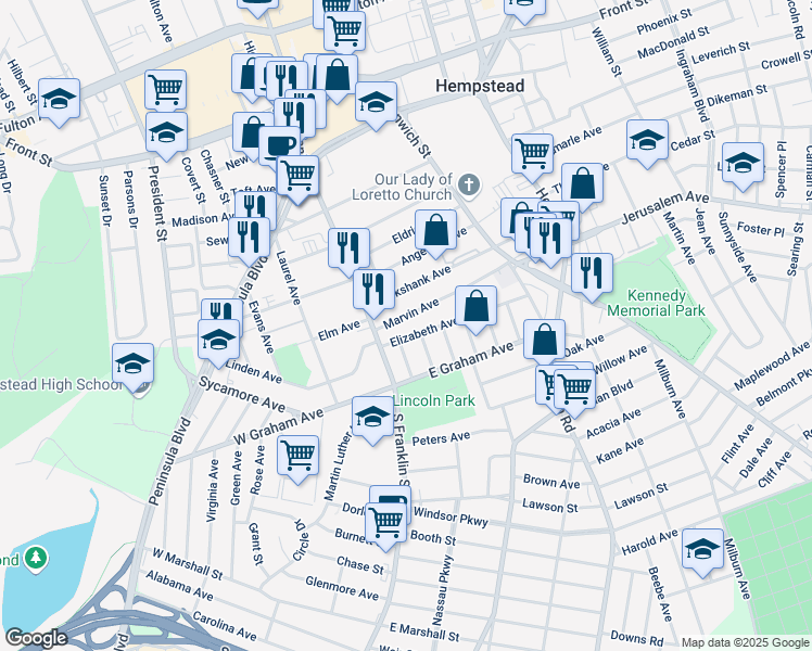 map of restaurants, bars, coffee shops, grocery stores, and more near 49 Marvin Avenue in Hempstead