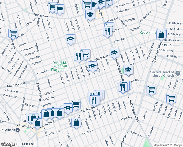 map of restaurants, bars, coffee shops, grocery stores, and more near 114-39 202nd Street in Queens