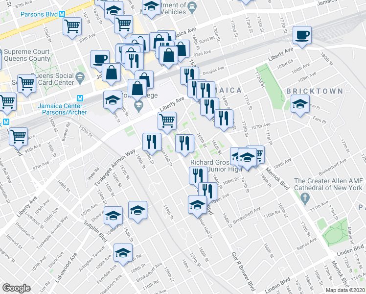 map of restaurants, bars, coffee shops, grocery stores, and more near 10430 Rev James R Moore Place in Queens