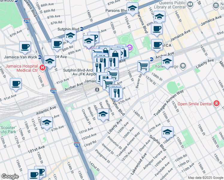 map of restaurants, bars, coffee shops, grocery stores, and more near 147-37 94th Avenue in Queens