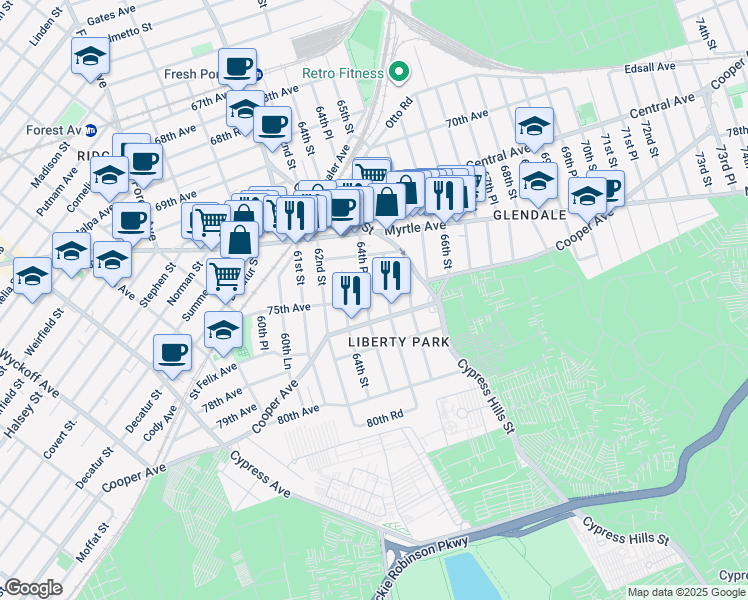 map of restaurants, bars, coffee shops, grocery stores, and more near 74-28 64th Place in Queens