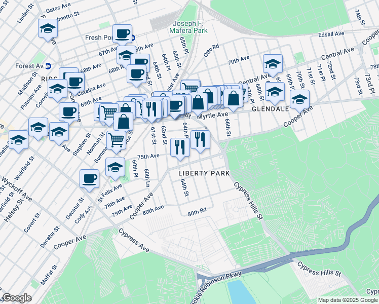 map of restaurants, bars, coffee shops, grocery stores, and more near 74-28 64th Place in Queens