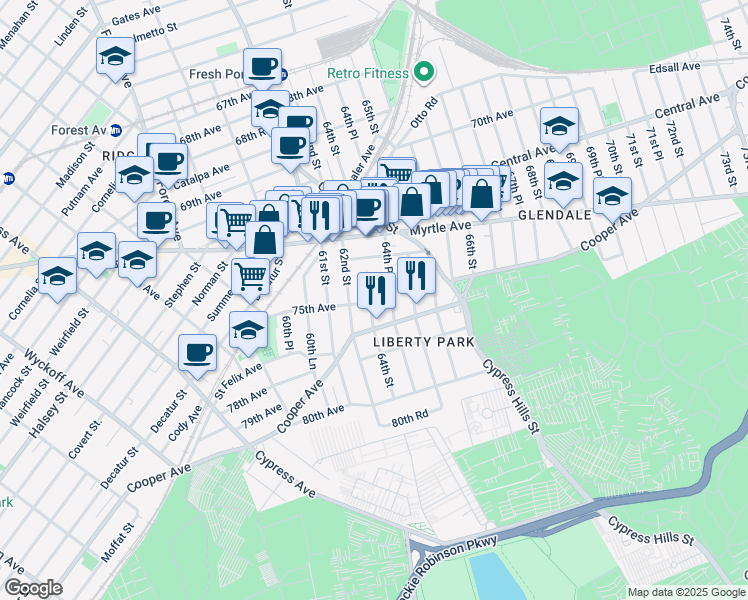 map of restaurants, bars, coffee shops, grocery stores, and more near 74-28 64th Place in Queens