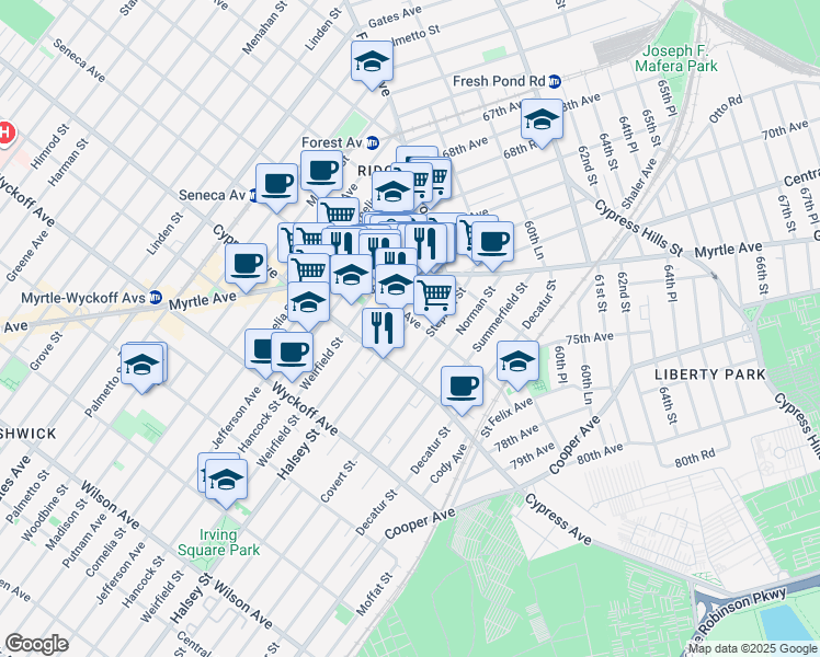 map of restaurants, bars, coffee shops, grocery stores, and more near 979 Seneca Avenue in Queens