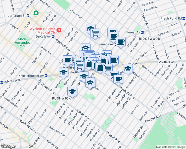 map of restaurants, bars, coffee shops, grocery stores, and more near 331 Wyckoff Avenue in Queens