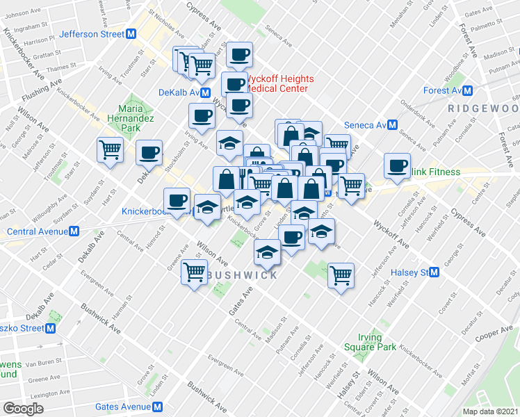 map of restaurants, bars, coffee shops, grocery stores, and more near 272 Irving Avenue in Brooklyn