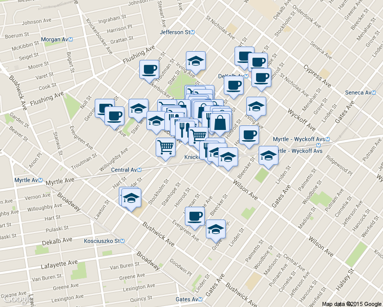 map of restaurants, bars, coffee shops, grocery stores, and more near in Brooklyn