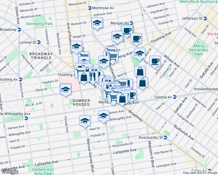 map of restaurants, bars, coffee shops, grocery stores, and more near 75 Beaver Street in Brooklyn