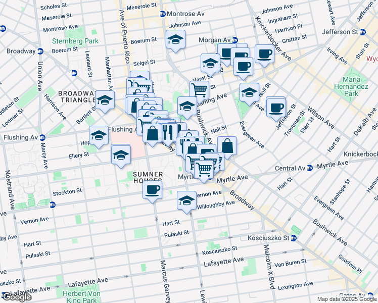 map of restaurants, bars, coffee shops, grocery stores, and more near 24 Park Street in Brooklyn