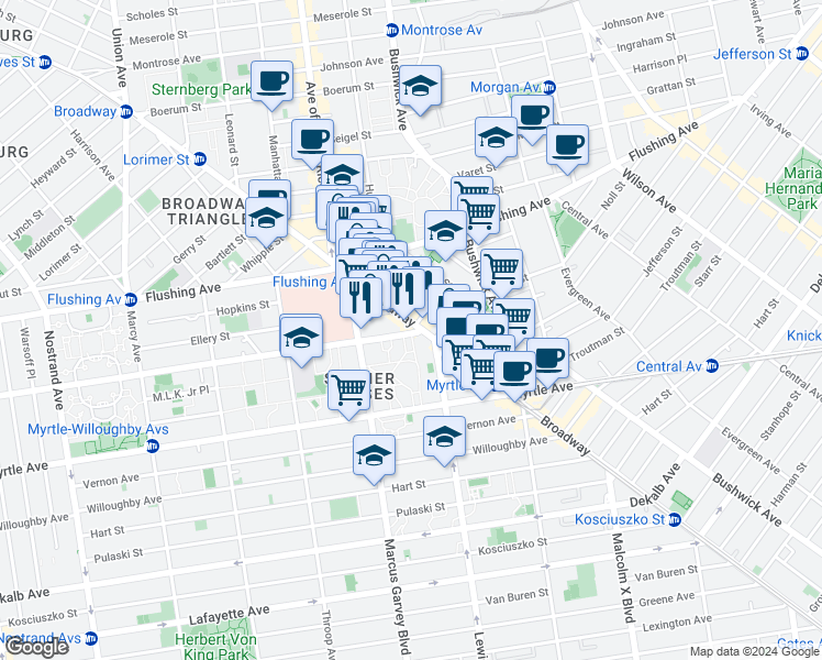 map of restaurants, bars, coffee shops, grocery stores, and more near 823 Broadway in Brooklyn