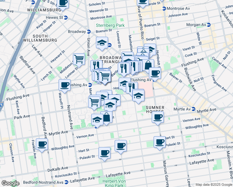 map of restaurants, bars, coffee shops, grocery stores, and more near 135 Hopkins Street in Brooklyn