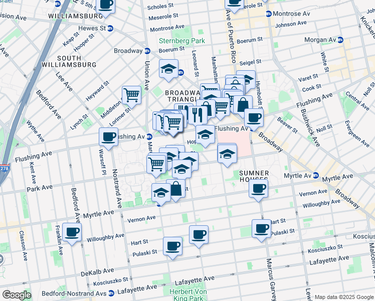 map of restaurants, bars, coffee shops, grocery stores, and more near 135 Hopkins Street in Brooklyn
