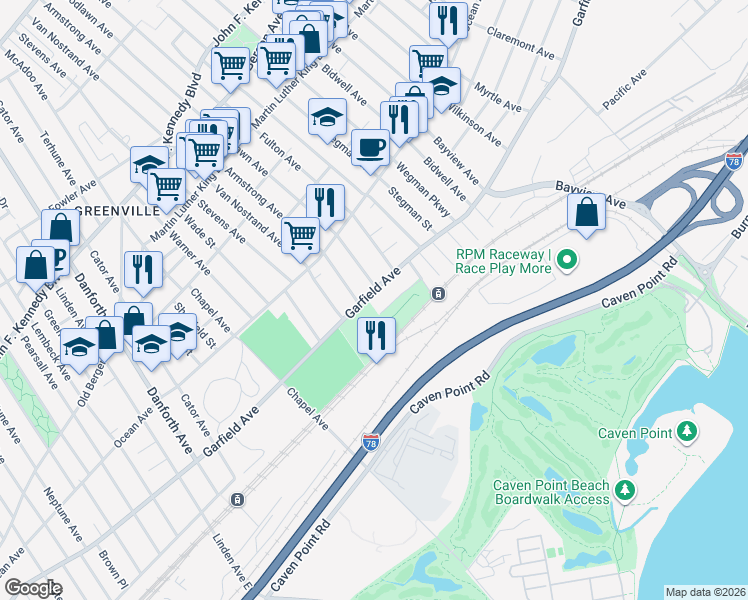 map of restaurants, bars, coffee shops, grocery stores, and more near 13 Woodlawn Avenue in Jersey City