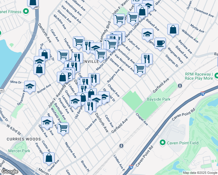 map of restaurants, bars, coffee shops, grocery stores, and more near 61A Rutgers Avenue in Jersey City