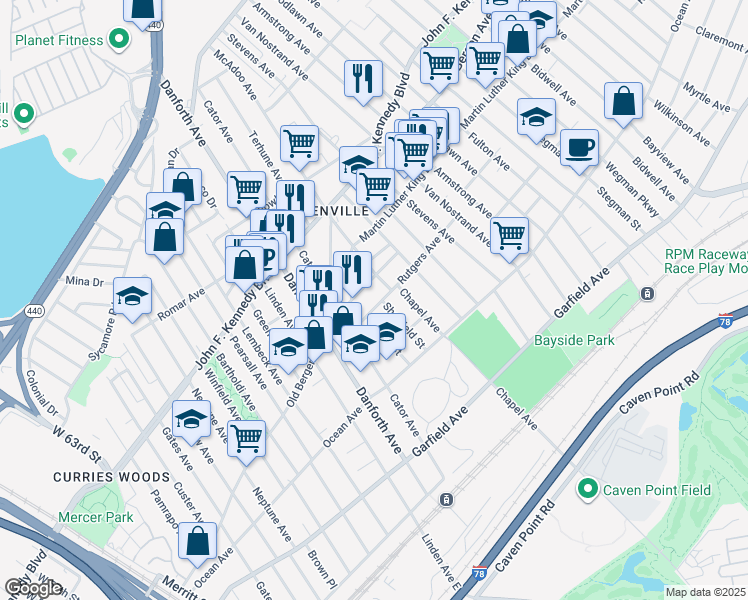 map of restaurants, bars, coffee shops, grocery stores, and more near 35 Rose Avenue in Jersey City
