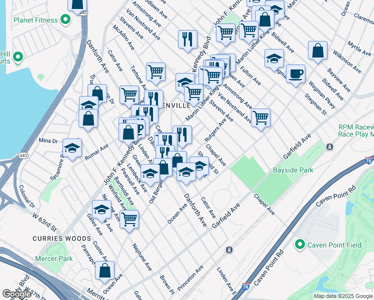 map of restaurants, bars, coffee shops, grocery stores, and more near 35 Rose Avenue in Jersey City