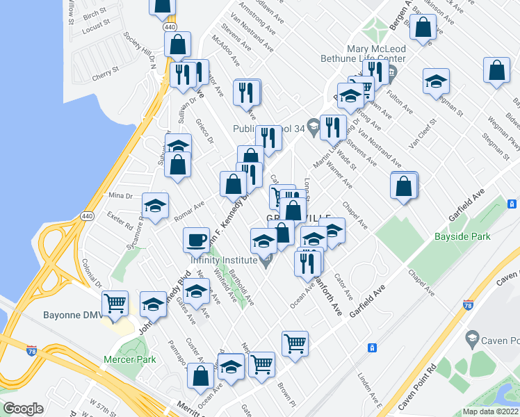map of restaurants, bars, coffee shops, grocery stores, and more near 235 Danforth Avenue in Jersey City