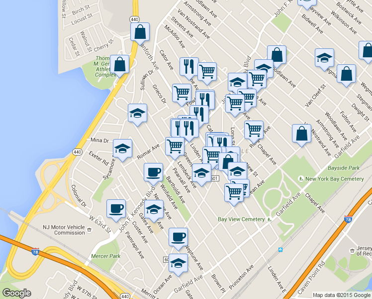 map of restaurants, bars, coffee shops, grocery stores, and more near 1707 John F. Kennedy Boulevard in North Bergen