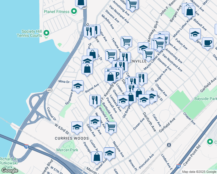 map of restaurants, bars, coffee shops, grocery stores, and more near 1707 John F. Kennedy Boulevard in North Bergen