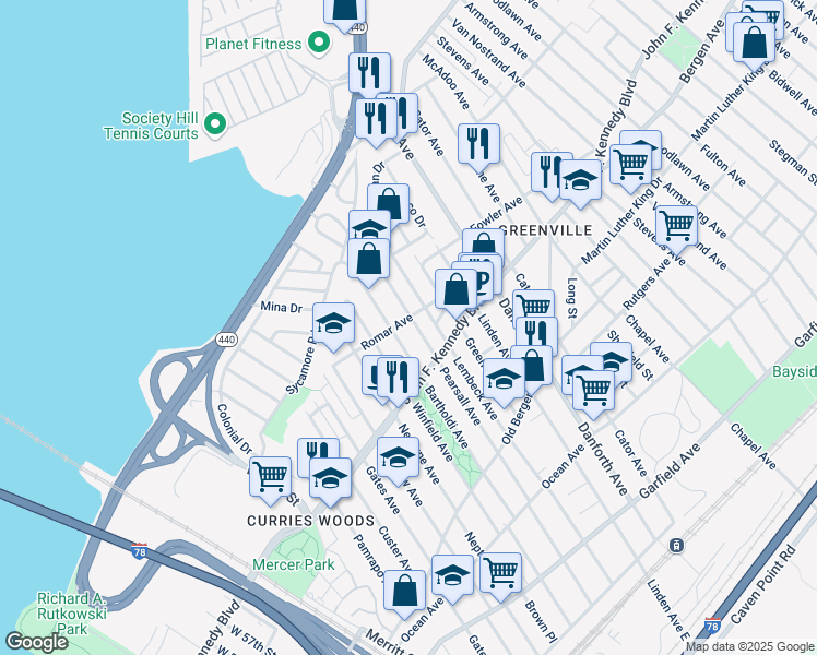 map of restaurants, bars, coffee shops, grocery stores, and more near 210 Bartholdi Avenue in Jersey City